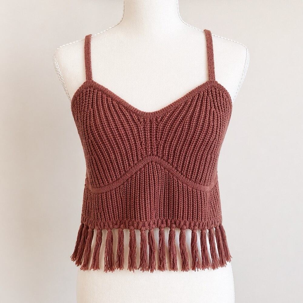 Target Brands Brown Knit Fringe Cropped Tank Top Adjustable Straps (M)